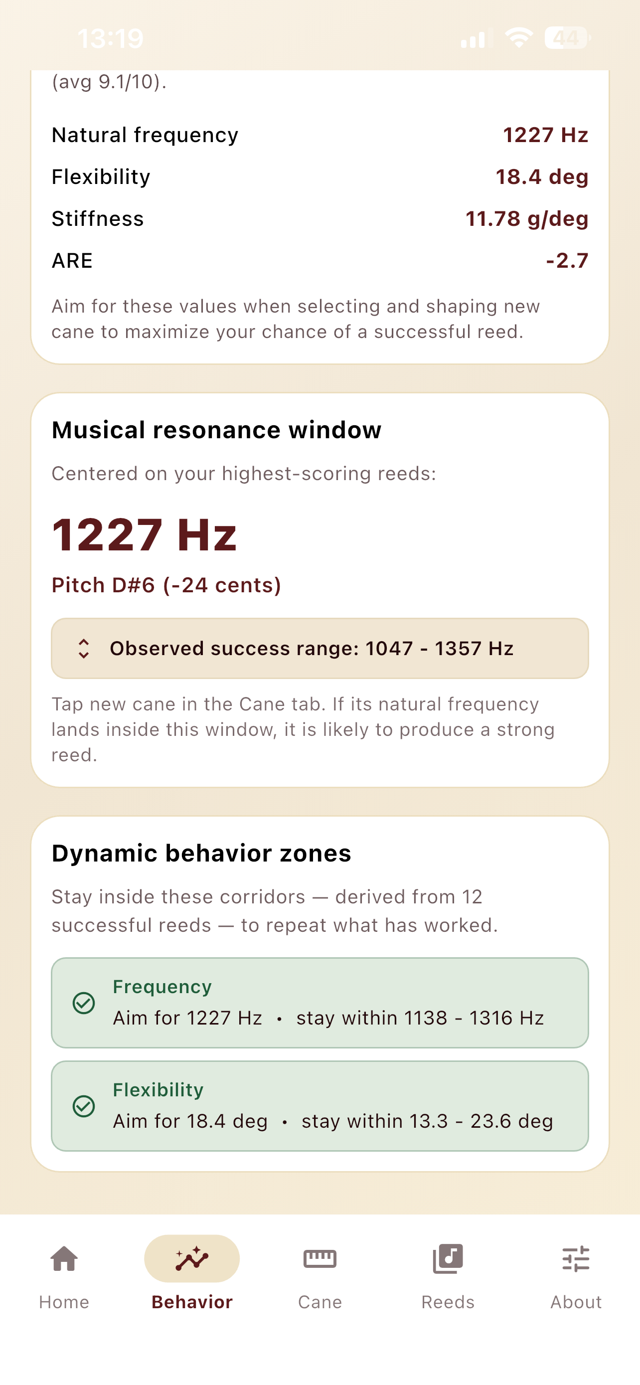 Behavior-seksjon med resonansvindu og dynamiske soner